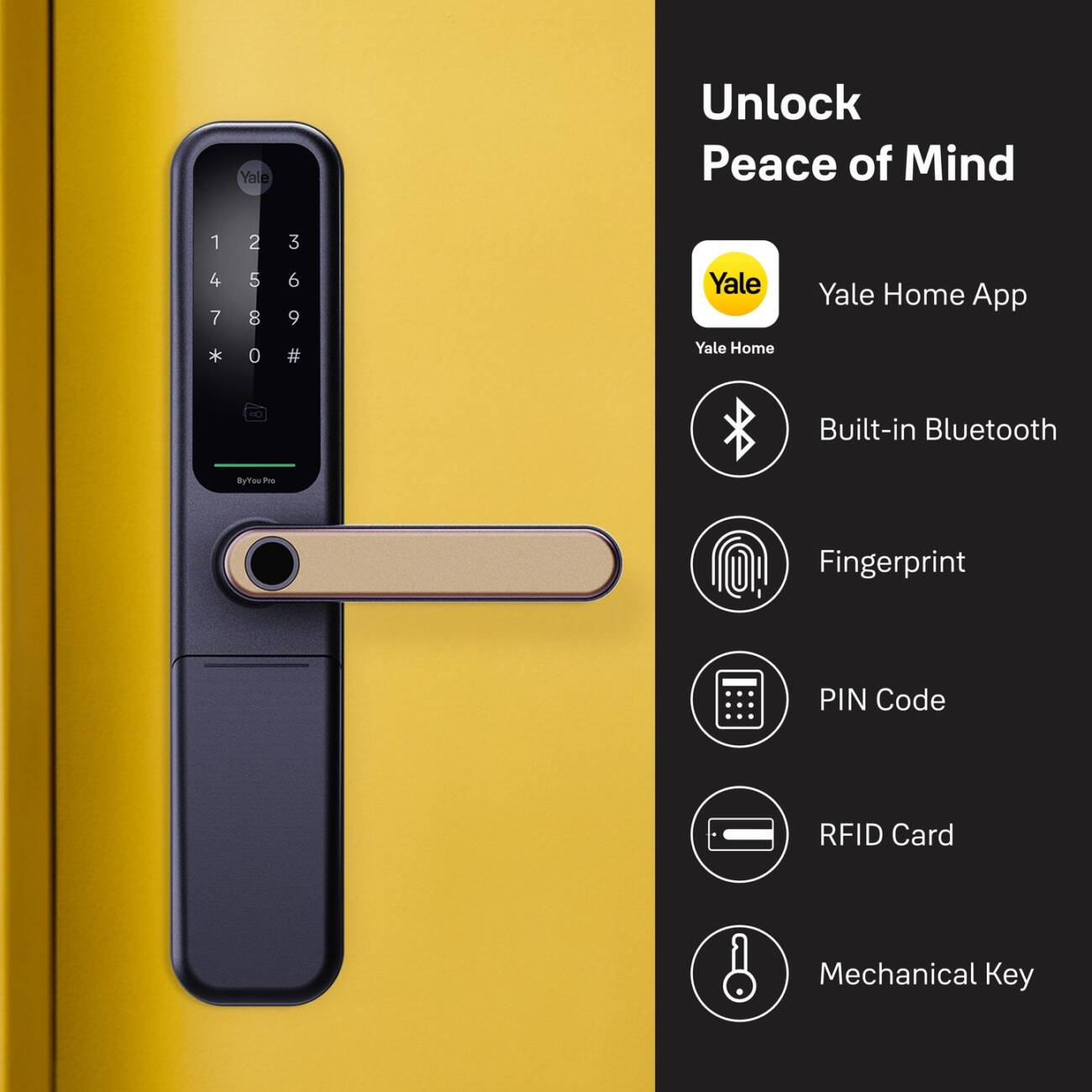 ByYou Mortise Smart Door Lock with 5 Way Unlocking Fingerprints, In-built Bluetooth, PIN Code, RFID Tag, Manual Key (Black/Gold) - Image 4